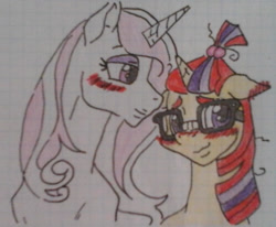 Size: 959x791 | Tagged: safe, artist:tejedora, imported from derpibooru, fleur-de-lis, moondancer, pony, unicorn, blushing, bust, ear blush, female, fleurdancer, floppy ears, glasses, graph paper, lesbian, looking away, makeup, mare, smiling, traditional art, wavy mouth