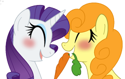 Size: 1038x653 | Tagged: safe, artist:faith-wolff, imported from derpibooru, carrot top, golden harvest, rarity, earth pony, pony, unicorn, blue eyeshadow, blushing, bust, carrity, carrot, curly mane, eyes closed, eyeshadow, female, food, grin, herbivore, lesbian, makeup, mare, mouth hold, open mouth, open smile, orange mane, purple mane, shipping, simple background, smiling, transparent background, yellow coat