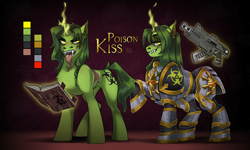 Size: 2778x1666 | Tagged: safe, artist:msbel, imported from derpibooru, oc, oc only, oc:poison kiss, pony, unicorn, armor, bolter, book, chaos, crossover, fanfic art, fangs, female, gun, horn, iron warriors, magic, power armor, reference sheet, solo, telekinesis, unicorn oc, warhammer (game), warhammer 40k, weapon