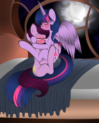 Size: 1024x1272 | Tagged: artist needed, safe, imported from derpibooru, twilight sparkle, oc, alicorn, pony, bed, blushing, canon x oc, female, glasses, hug, lesbian, moon, twilight sparkle (alicorn), window