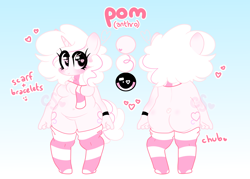 Size: 3500x2500 | Tagged: safe, artist:cutiesparke, imported from derpibooru, oc, oc only, oc:pom, anthro, unguligrade anthro, unicorn, alternate color palette, alternate hair color, breasts, chest fluff, clothes, eye clipping through hair, fluffy mane, fluffy tail, gradient background, hand, heart, heart eyes, pink eyes, reference sheet, scarf, socks, solo, striped scarf, striped socks, tail, thigh highs, two toned mane, white hair, wingding eyes