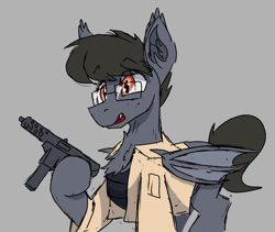 Size: 1808x1526 | Tagged: safe, artist:reddthebat, imported from derpibooru, oc, oc only, oc:roof bat, bat pony, pony, bat pony oc, bat wings, bulletproof vest, chest fluff, clothes, ear fluff, fangs, freckles, glasses, gun, jacket, male, solo, stallion, tec-9, weapon, wings