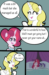 Size: 1100x1700 | Tagged: safe, artist:chelseawest, imported from derpibooru, oc, oc:gleaming grace, oc:glimmering shield, oc:mi amore rose heart, alicorn, pony, comic:dream meeting, alicorn oc, bed, butt, comic, dream, duo, duo female, female, gasp, horn, interdimensional siblings, mare, offspring, parent:oc:shimmering glow, parent:oc:silk tie, parent:princess flurry heart, parents:canon x oc, petalverse, pillow, plot, sleeping, startled, wings