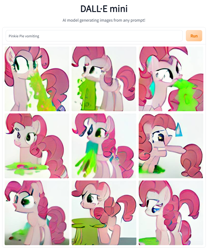 Size: 768x924 | Tagged: safe, imported from derpibooru, pinkie pie, earth pony, pony, ai content, ai generated, female, generator:craiyon, mare, vomit, vomiting, wat, why, wtf