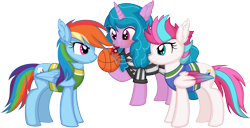 Size: 5443x2778 | Tagged: safe, artist:cyanlightning, imported from derpibooru, izzy moonbow, rainbow dash, zipp storm, pegasus, pony, unicorn, adorazipp, basketball, blowing whistle, clothes, commission, commissioner:crimsonvalentazure, cute, dashabetes, dress, female, g4, g5, g5 to g4, generation leap, izzybetes, mare, my little pony: a new generation, puffy cheeks, rainbow dashs coaching whistle, red face, referee, referee whistle, shirt, simple background, sports, that pony sure does love whistles, transparent background, whistle, whistle necklace