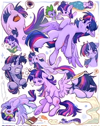 Size: 1632x2048 | Tagged: safe, artist:千雲九枭, imported from derpibooru, spike, twilight sparkle, alicorn, dragon, pony, bibliophile, bibliophilia, book, chest fluff, collage, depression, drunk bubbles, emotions, exhausted, eyes closed, female, lidded eyes, looking up, male, mare, messy mane, multeity, obsession, pillow, quill, reading, sleeping, sleepy, sparkle sparkle sparkle, sweat, sweatdrop, tired, tongue out, twilight sparkle (alicorn), wings