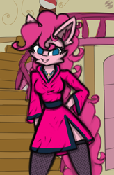 Size: 2102x3209 | Tagged: safe, artist:toxinagraphica, imported from derpibooru, pinkie pie, anthro, earth pony, belt, cheek fluff, clothes, dress, ear fluff, eyelashes, female, fluffy, high res, jewelry, kimono minidress, mare, minidress, necklace, signature, smiling, socks, solo, stairs, stockings, sugarcube corner, thigh highs