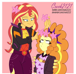 Size: 1280x1240 | Tagged: safe, artist:crock2121, imported from derpibooru, adagio dazzle, sunset shimmer, human, equestria girls, equestria girls series, sunset's backstage pass!, spoiler:eqg series (season 2), blushing, duo, duo female, female, flower, geode of empathy, lesbian, magical geodes, music festival outfit, shipping, simple background, smiling, sunsagio