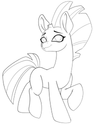 Size: 6000x8000 | Tagged: safe, artist:chedx, imported from derpibooru, fizzlepop berrytwist, tempest shadow, pony, unicorn, absurd resolution, black and white, broken horn, female, full body, grayscale, happy, hooves, horn, lineart, looking up, mare, monochrome, raised hoof, raised leg, simple background, smiling, solo, transparent background, trotting