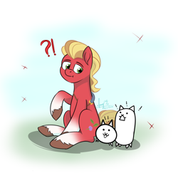 Size: 2000x2000 | Tagged: safe, artist:habiepon3, imported from derpibooru, sprout cloverleaf, cat, earth pony, pony, :3, confused, cute, g5, high res, male, my little pony: a new generation, simple background, sitting, solo, sproutbetes, stallion, the battle cats, unshorn fetlocks