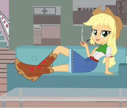 Size: 1280x1098 | Tagged: safe, artist:tenhes24, imported from derpibooru, applejack, human, equestria girls, applejack's hat, belt, boots, clothes, cowboy boots, cowboy hat, cowgirl, denim, denim skirt, hat, high heel boots, indoors, pipe, shirt, shoes, skirt, smoking, solo, stetson