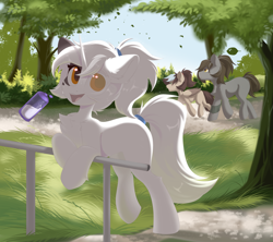 Size: 4096x3644 | Tagged: safe, artist:kebchach, imported from derpibooru, oc, earth pony, pegasus, pony, unicorn, leaves, tree, water bottle