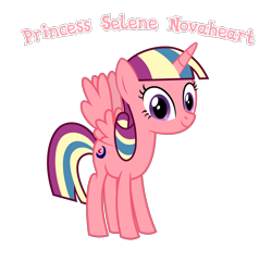 Size: 2540x2440 | Tagged: source needed, safe, anonymous artist, imported from derpibooru, oc, oc only, oc:princess selene novaheart, alicorn, pony, fanfic:cat's cradle, alicorn oc, closed mouth, cute, cutie mark, eyelashes, eyes open, female, full body, g4, happy, high res, hooves, horn, looking at you, mare, multicolored mane, multicolored tail, name, nostrils, offspring, parent:oc:prince nova sparkle, parent:princess flurry heart, parents:canon x oc, princess, product of incest, royalty, shakespearicles, show accurate, simple background, smiling, solo, spread wings, standing, tail, text, transparent background, vector, wings