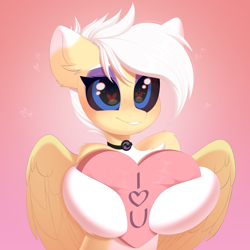 Size: 4096x4095 | Tagged: safe, artist:kebchach, imported from derpibooru, oc, oc only, pegasus, pony, absurd resolution, black sclera, coat markings, collar, heart, heart eyes, heart pillow, hoof hold, i love you, pale belly, pillow, smiling, socks (coat markings), solo, spread wings, wingding eyes, wings