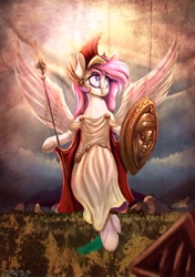 Size: 2000x2841 | Tagged: safe, artist:to_fat_to_fly, imported from derpibooru, oc, oc only, oc:athena (shawn keller), pegasus, pony, clothes, female, flying, guardians of pondonia, hoof hold, mare, shield, solo, spear, spread wings, sunlight, toga, weapon, wings