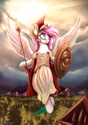 Size: 2000x2841 | Tagged: safe, alternate version, artist:to_fat_to_fly, imported from derpibooru, oc, oc only, oc:athena (shawn keller), pegasus, pony, clothes, female, flying, guardians of pondonia, hoof hold, mare, shield, solo, spear, spread wings, sunlight, toga, weapon, wings