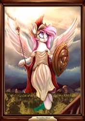 Size: 2000x2841 | Tagged: safe, alternate version, artist:to_fat_to_fly, imported from derpibooru, oc, oc only, oc:athena (shawn keller), pegasus, pony, clothes, female, flying, guardians of pondonia, hoof hold, mare, picture frame, shield, solo, spear, spread wings, sunlight, toga, weapon, wings