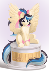 Size: 2685x4096 | Tagged: safe, artist:kebchach, imported from derpibooru, oc, oc only, oc:lola fletch, pegasus, pony, bow, chest fluff, cute, hair bow, heterochromia, high res, pedestal, sitting, solo, spread wings, wings