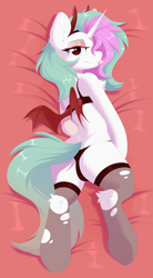 Size: 2261x4096 | Tagged: safe, artist:kebchach, imported from derpibooru, oc, oc only, pony, unicorn, butt, clothes, eyeshadow, high res, hock fluff, hockless socks, human shoulders, looking at you, makeup, panties, plot, ripped stockings, socks, solo, stockings, thigh highs, tongue out, torn clothes, underwear