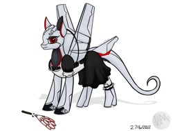 Size: 1002x763 | Tagged: safe, artist:wyntermoon, imported from derpibooru, oc, oc:xr-47 primax, original species, pony, robot, robot pony, apron, clothes, colored belly, dark belly, dress, dress uniform, duster, female, maid, mare, red eyes, simple background, slim, solo, thin, unhappy, white background