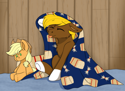 Size: 4040x2928 | Tagged: safe, artist:rokosmith26, imported from derpibooru, applejack, oc, oc:acres, earth pony, pony, :p, applejack's hat, blanket, cheek fluff, chest fluff, commission, cowboy hat, earth pony oc, eyes closed, floppy ears, hat, hay bale, looking up, male, plushie, pony plushie, sitting, smiling, solo, stallion, tongue out, underhoof, ych result