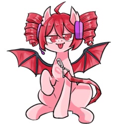 Size: 1200x1200 | Tagged: safe, artist:yukkuri_yu_yu, imported from derpibooru, bat pony, pony, bat wings, female, headphones, kasane teto, looking at you, mare, ponified, raised hoof, simple background, sitting, solo, spread wings, teto, tongue out, vocaloid, white background, wings