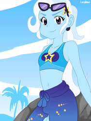 Size: 1280x1698 | Tagged: safe, artist:lirudraw, imported from derpibooru, trixie, human, equestria girls, equestria girls series, belly button, clothes, cute, diatrixes, eyelashes, female, hairpin, midriff, solo, sunglasses, swimsuit