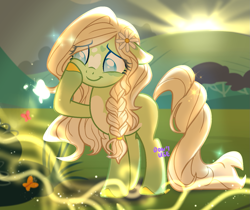 Size: 1567x1314 | Tagged: safe, artist:rily, imported from derpibooru, oc, oc only, oc:littledaisy, butterfly, earth pony, pony, blind, curly hair, dawn, long mane, raised hoof, smiling, solo, stars, sun, sunrise