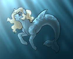 Size: 1280x1040 | Tagged: safe, artist:kudalyn, imported from derpibooru, oc, oc only, hippocampus, merpony, seapony (g4), crepuscular rays, digital art, dorsal fin, female, fish tail, flowing mane, mare, ocean, open mouth, solo, sunlight, swimming, tail, underwater, water, yellow mane