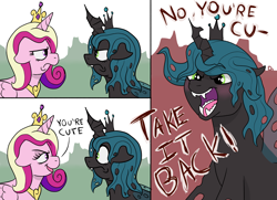 Size: 4928x3577 | Tagged: safe, artist:doodledonutart, imported from derpibooru, princess cadance, queen chrysalis, alicorn, changeling, changeling queen, pony, blushing, comic, crown, female, floppy ears, frown, jewelry, looking at each other, looking at someone, open mouth, open smile, regalia, smiling, tsundalis, tsundere, yelling