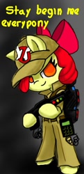 Size: 611x1262 | Tagged: safe, artist:arielsbx, imported from derpibooru, apple bloom, earth pony, pony, bipedal, clothes, female, filly, foal, ghostbusters, hat, pants, solo, weapon