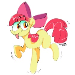 Size: 819x817 | Tagged: safe, artist:nitaru, imported from derpibooru, apple bloom, earth pony, pony, :p, female, filly, foal, jumping, simple background, solo, standing, standing on one leg, tongue out, white background