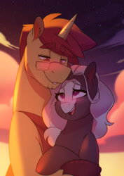 Size: 1500x2122 | Tagged: safe, artist:light262, imported from derpibooru, oc, oc:s.leech, unicorn, blushing, couple, hair, happy, horn, love, mane, oc x oc, shipping, sunset