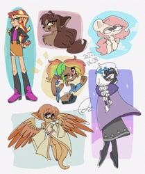 Size: 1716x2048 | Tagged: safe, artist:oc_ponys, imported from derpibooru, rainbow dash, sunset shimmer, oc, oc:double circle, human, pegasus, pony, clothes, cloud, emanata, female, grin, hand on hip, humanized, looking at you, mare, one eye closed, simple background, smiling, tanktop, white background, wings, wink, winking at you