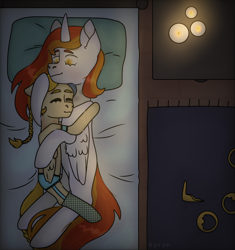 Size: 3456x3672 | Tagged: artist needed, source needed, safe, imported from derpibooru, golden feather, princess celestia, oc, oc:king phoenix, alicorn, pegasus, pony, spoiler:comic, spoiler:comic65, alicorn oc, bed, candle, canon x oc, clothes, duo, female, horn, hug, jewelry, light, male, night, regalia, royalty, straight, underwear, wings