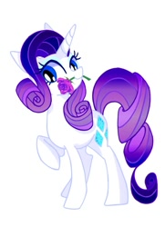 Size: 615x850 | Tagged: safe, artist:stacy_165cut, imported from derpibooru, rarity, pony, unicorn, female, flower, horn, mare, mouth hold, raised hoof, rose, simple background, solo, white background