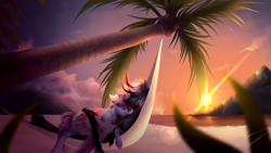 Size: 3960x2228 | Tagged: safe, artist:lunciakkk, imported from derpibooru, oc, oc:dollie, oc:dorian, beach, commission, couple, hammock, palm tree, scenery, sunset, sunshine, tree