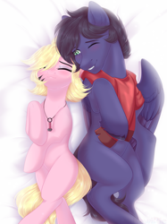 Size: 2160x2890 | Tagged: safe, imported from derpibooru, oc, oc only, oc:fenris ebonyglow, oc:kara waypoint, earth pony, pegasus, pony, clothes, cuddling, eyes closed, female, jewelry, karanris, male, necklace, one eye closed, scarf, simple background