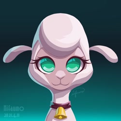 Size: 1024x1024 | Tagged: safe, artist:nifaumo, imported from derpibooru, lamb, sheep, them's fightin' herds, bell, bell collar, bust, collar, community related, female, front view, gradient background, looking at you, no pupils, pom (tfh), signature, solo, teal background