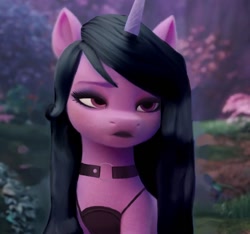 Size: 640x600 | Tagged: safe, edit, edited screencap, editor:preservedplumbo, imported from derpibooru, screencap, izzy moonbow, pony, unicorn, spoiler:my little pony: a new generation, alternate hairstyle, black lipstick, black mane, collar, eyeshadow, g5, goth, goth izzy, lipstick, makeup, my little pony: a new generation, solo