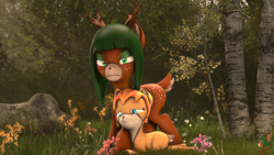 Size: 3840x2160 | Tagged: safe, artist:donglysfm, imported from derpibooru, oc, oc:fireberry, oc:tea tree, deer, 3d, 4k, antlers, deer oc, doe, don't talk to me or my son ever again, fawn, female, flower, forest, high res, meme, mother and child, mother and daughter, non-pony oc, revamped ponies, source filmmaker, this will end in pain, tree