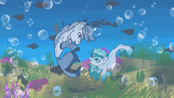 Size: 1920x1080 | Tagged: safe, artist:ahernstables, imported from derpibooru, oc, oc only, fish, hippocampus, merpony, seapony (g4), blue eyes, blue mane, bubble, coral, digital art, female, filter, fish tail, flowing mane, flowing tail, looking at each other, looking at someone, male, mare, ocean, open mouth, seaweed, smiling, stallion, tail, underwater, water