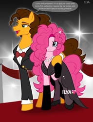 Size: 1300x1700 | Tagged: safe, artist:ilyabethnard, imported from derpibooru, cheese sandwich, pinkie pie, earth pony, pony, alternate hairstyle, bowtie, carpet, cheesepie, clothes, dialogue, dress, female, heels on a horse, high heels, jewelry, lidded eyes, male, necklace, pearl necklace, red carpet, shipping, shoes, smiling, stockings, straight, thigh highs, tuxedo