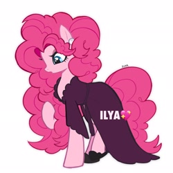 Size: 2048x2048 | Tagged: safe, artist:ilyabethnard, imported from derpibooru, pinkie pie, earth pony, pony, clothes, dress, ear piercing, earring, jewelry, piercing, simple background, solo, white background
