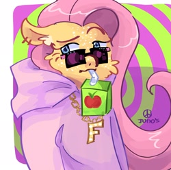 Size: 2048x2033 | Tagged: safe, artist:dmitrymemovznok, imported from derpibooru, fluttershy, pegasus, pony, cheek fluff, clothes, cocked eyebrow, ear fluff, freckles, hoodie, jewelry, juice, juice box, necklace, solo, sunglasses