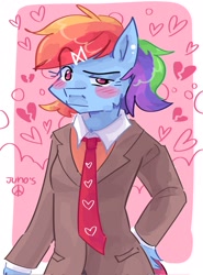 Size: 1519x2048 | Tagged: safe, artist:dmitrymemovznok, imported from derpibooru, rainbow dash, anthro, arm hooves, blushing, clothes, heart, heartbreak, jacket, looking at you, necktie, shirt, solo, tomboy, tsundere, unamused