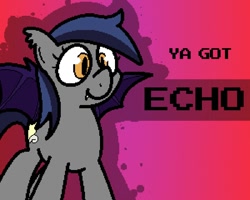 Size: 1000x800 | Tagged: safe, artist:batponyecho, imported from derpibooru, oc, oc only, oc:echo, bat pony, pony, banned from equestria daily, fangs, smiling, solo, splash art, spread wings, style emulation, wings, ya got