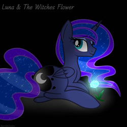 Size: 1280x1280 | Tagged: safe, artist:sugarcubecreationz, imported from derpibooru, princess luna, alicorn, pony, dark background, ethereal mane, female, flower, glowing, looking at you, mare, movie reference, one eye closed, photo, reference, simple background, smiling, solo, starry mane, starry tail, studio ghibli, tail, wink, winking at you