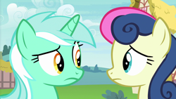 Size: 1280x720 | Tagged: safe, imported from derpibooru, screencap, bon bon, lyra heartstrings, sweetie drops, earth pony, pony, unicorn, season 7, triple threat, confused, duo, duo female, female, frown, looking at each other, looking at someone, mare, ponyville