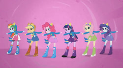 Size: 828x464 | Tagged: safe, imported from derpibooru, screencap, applejack, fluttershy, pinkie pie, rainbow dash, rarity, twilight sparkle, human, equestria girls, equestria girls (movie), boots, clothes, cowboy boots, cowboy hat, hat, helping twilight win the crown, high heel boots, humane five, humane six, shirt, shoes, skirt, socks, solo, sweater, wondercolts uniform